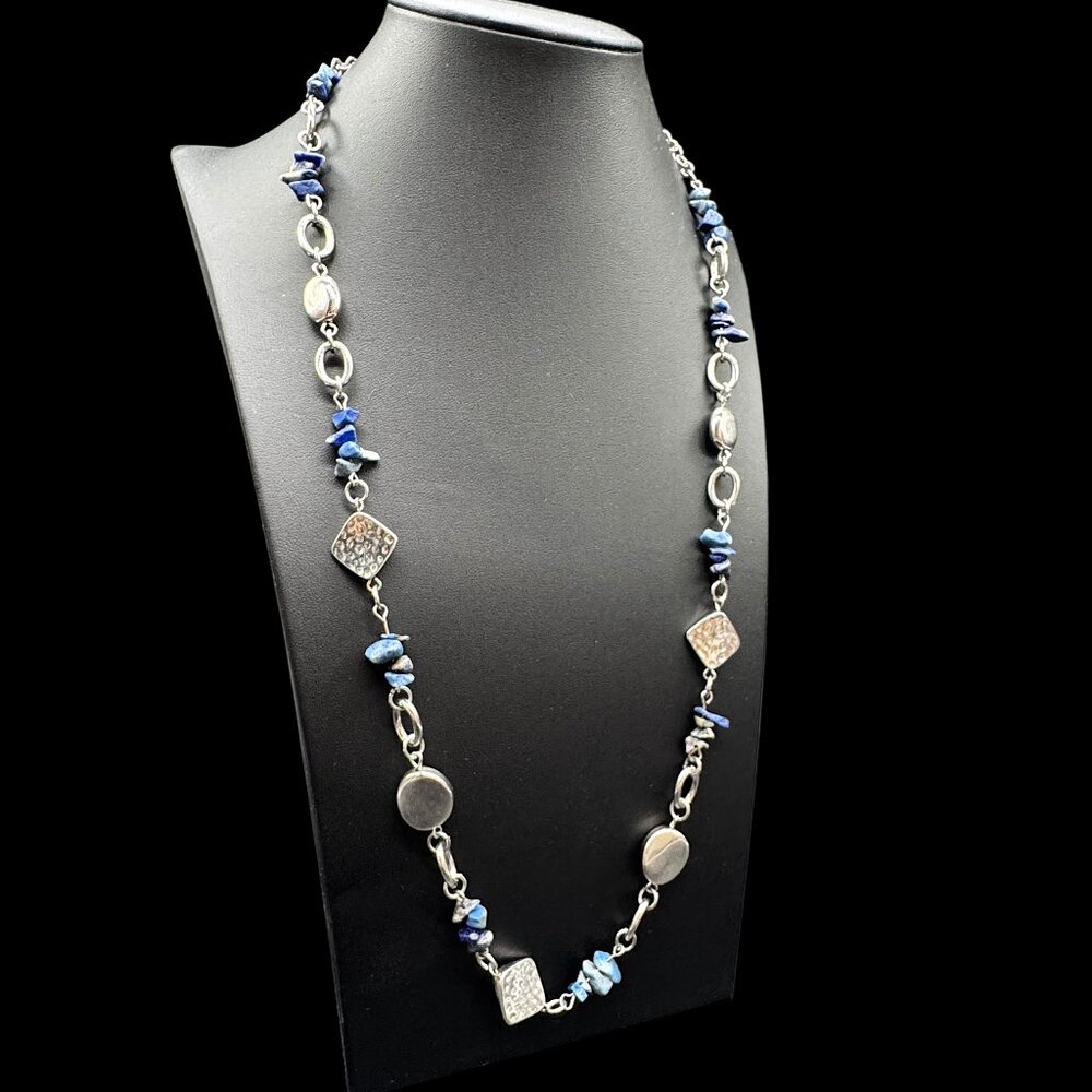 Long Beaded Necklace Silver Tone and Blue Chip Stones